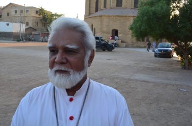 Archbishop Joseph 'Snowy' Coutts of Karachi outside St Patrick's Cathedral, Karachi